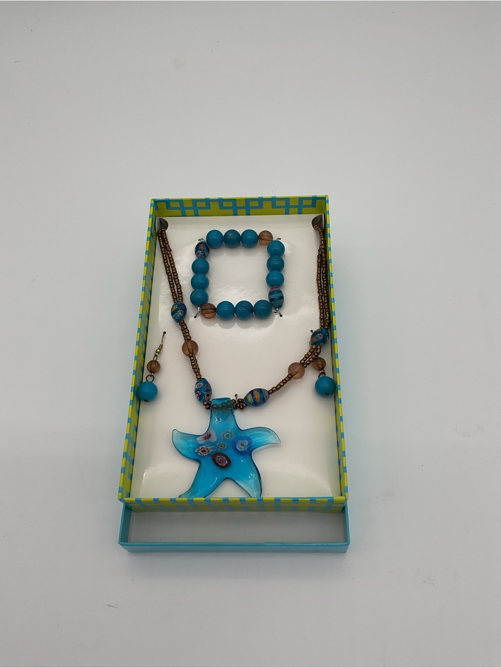 Murano Style Blue Starfish Necklace, Earring and Bracelet Set